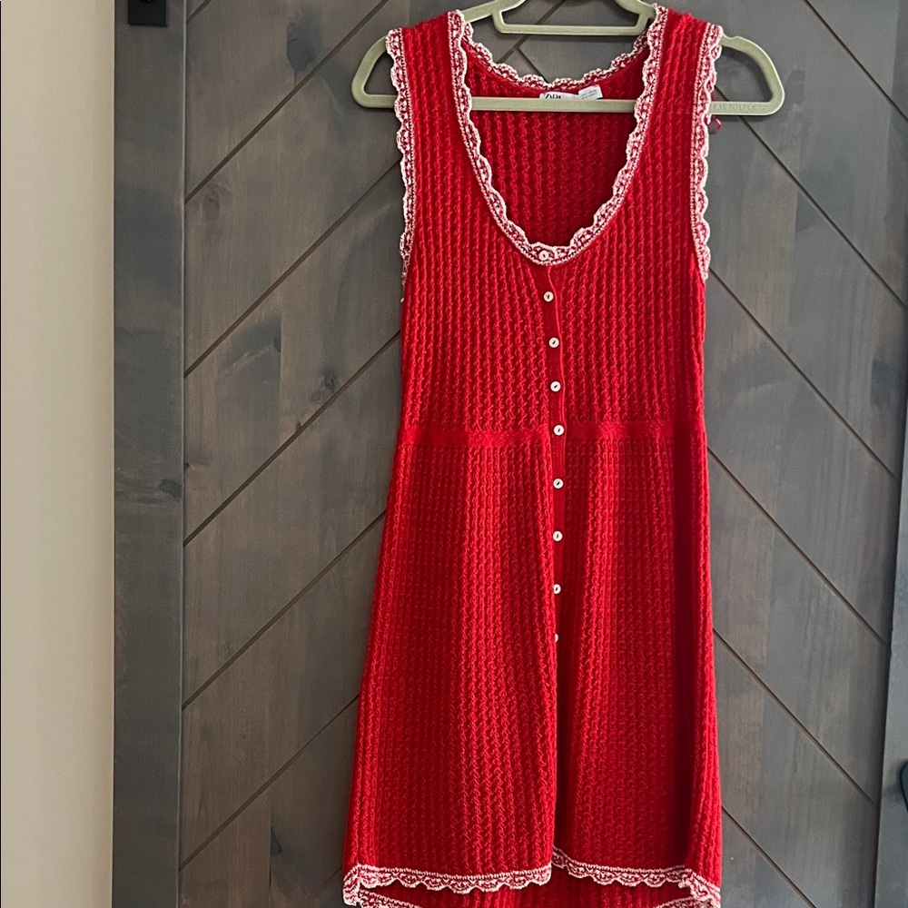 Red Sleeveless Pointelle Dress with White Lace Trim